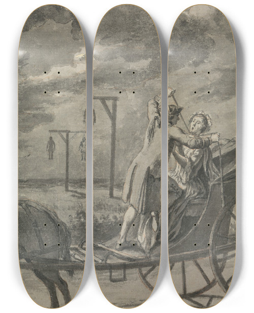 Triptych art skateboard deck of Samuel Wale Murder In The Carriage Probably A Design For The Tyburn Chronicle by Samuel Wale (1721-1786)