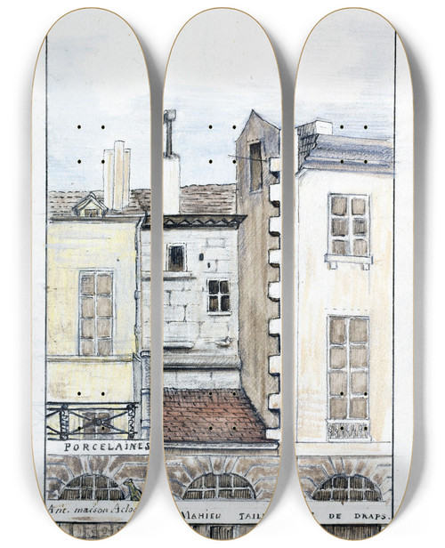 Triptych art skateboard deck of Alfred Bonnardot Restes De Lancien Btiment Extrieur Du Palais Ct De La Rue De La Barillerie by Alfred Bonnardot (1808-1884)