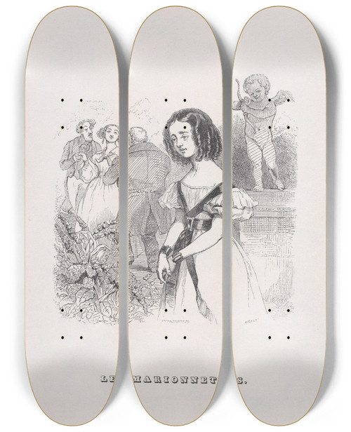 Triptych art skateboard deck of J J Grandville The Puppets by J J Grandville (1803-1847)