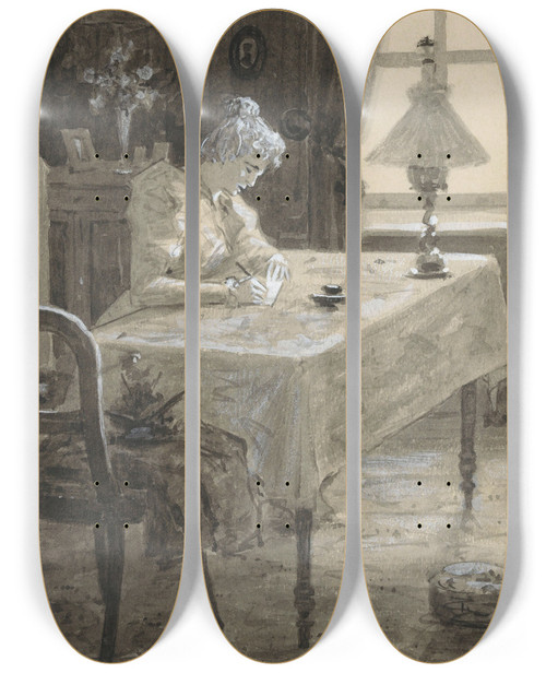 Triptych art skateboard deck of Hc Louwerse Mimi Schrijft Een Brief by H.C. Louwerse (1878-1946)