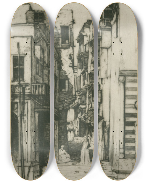 Triptych art skateboard deck of David Young Cameron Street In Cairo by David Young Cameron (1865-1945)