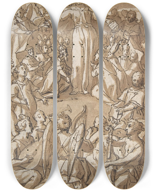 Triptych art skateboard deck of Pieter De Jode I The Virgin Surrounded By Angels And Representatives Of Secular And Ecclesiastical Authorities by Pieter de Jode I (1570-1634)