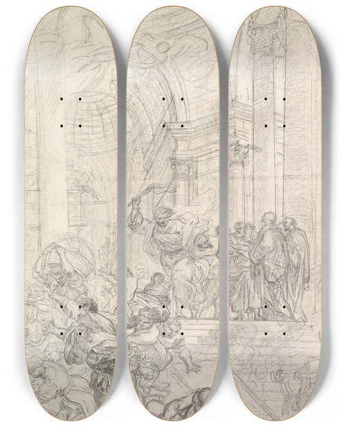 Triptych art skateboard deck of Lorenzo De Ferrari Christ Driving The Money Changers From The Temple by Lorenzo De Ferrari (1680-1744)