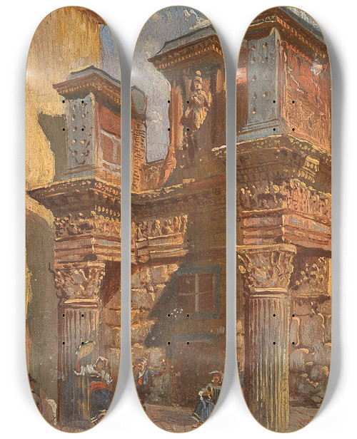 Triptych art skateboard deck of Alois Schnn Rome Columns In Torre Dei Conti by Alois Schonn (1826-1897)