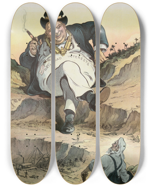 Triptych art skateboard deck of Udo Keppler The Main Obstruction At Panama by Udo Keppler (1872-1956)