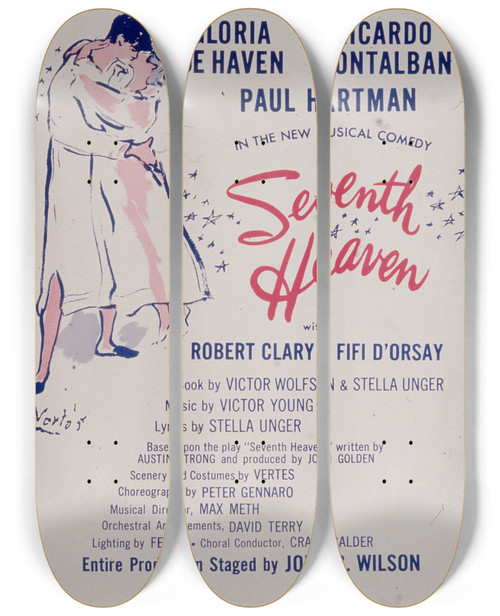 Triptych art skateboard deck of Artcraft Lithograph Seventh Heaven by Artcraft Lithograph (1905-1970)