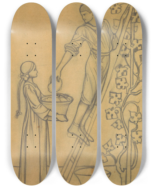 Triptych art skateboard deck of Antoon Derkinderen Ontwerp Voor Wandschildering In De Beurs Van Berlage Druiven Plukken by Antoon Derkinderen (1859-1925)
