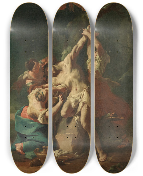 Triptych art skateboard deck of Paul Troger Der Heilige Sebastian Und Die Frauen by Paul Troger (1698-1762)