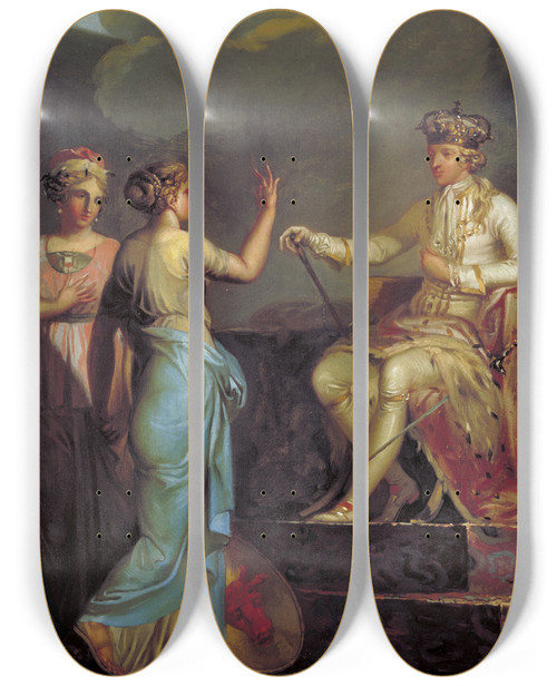 Triptych art skateboard deck of Nicolai Abildgaard Christian Vii Uniting The Ducal With The Royal Part Of Holstein In 1773 by Nicolai Abildgaard (1743-1809)