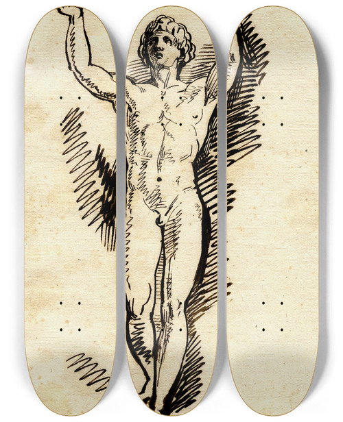 Triptych art skateboard deck of David Humbert De Superville The Socalled Orante Praying Youth From Berlin by David Humbert De Superville (1770-1849)
