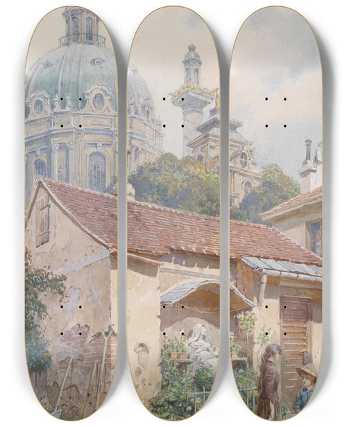 Triptych art skateboard deck of Richard Moser Bildstock Hinter Der Karlskirche by Richard Moser (1874-1924)