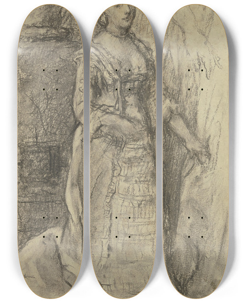 Triptych art skateboard deck of Otto Scholderer Stehende Dame Im Rschenkleid by Otto Scholderer (1834-1902)