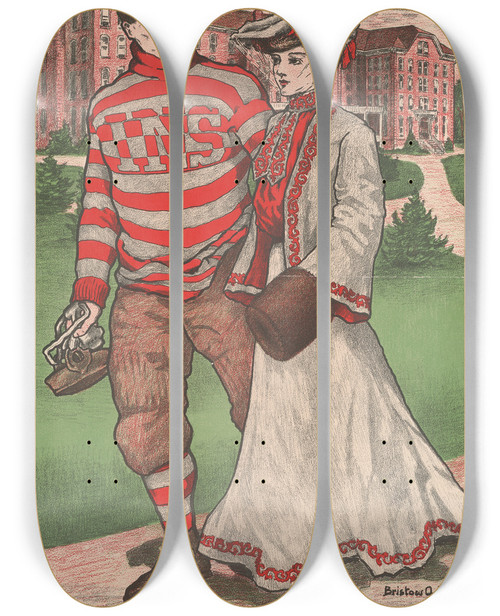 Triptych art skateboard deck of Bristow Adams Indiana Normal by Bristow Adams (1875-1956)