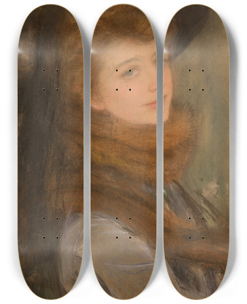 Triptych art skateboard deck of Teodor Axentowicz Portrait Of A Woman In A Fox Fur Collar by Teodor Axentowicz (1859-1938)
