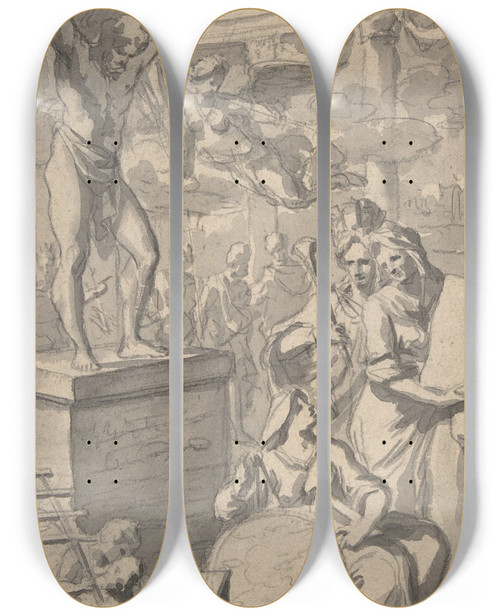 Triptych art skateboard deck of Gerard De Lairesse Design For A Frontispiece Of A Title Page by Gerard de Lairesse (1641-1711)