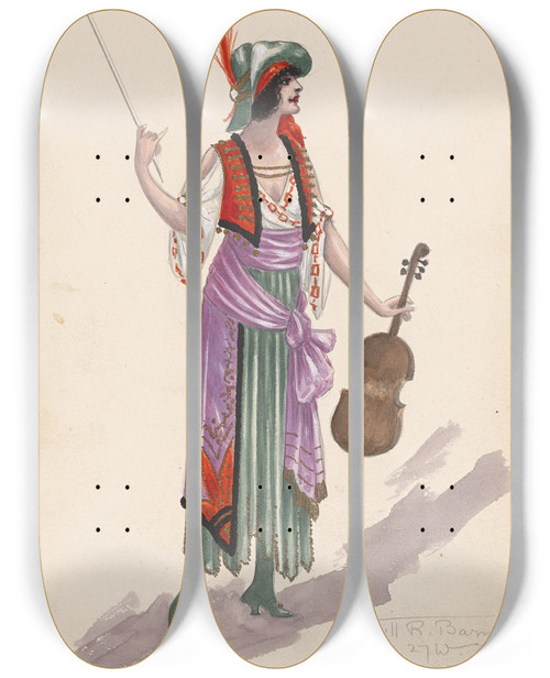 Triptych art skateboard deck of Will R Barnes Violin Girl Act Ii 62 by Will R Barnes (1939)