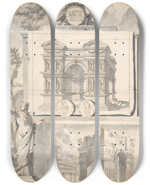 Triptych art skateboard deck of Jan Goeree A Reconstruction Of The Temple Of Janus Above And A View Of The Ruins Below by Jan Goeree (1670-1731)