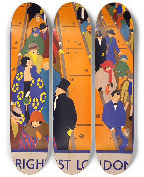 Triptych art skateboard deck of Horace Taylor Brightest London Is Best Reached By Underground by Horace Taylor (1881-1934)