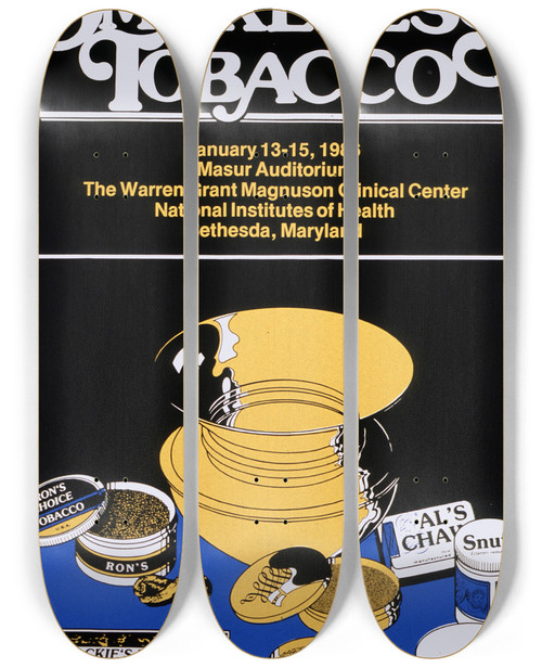 Triptych art skateboard deck of National Institutes Of Health Health Implications Of Smokeless Tobacco by National Institutes Of Health (1887)