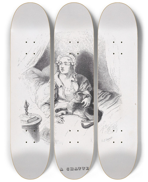 Triptych art skateboard deck of J J Grandville The Female Cat by J J Grandville (1803-1847)
