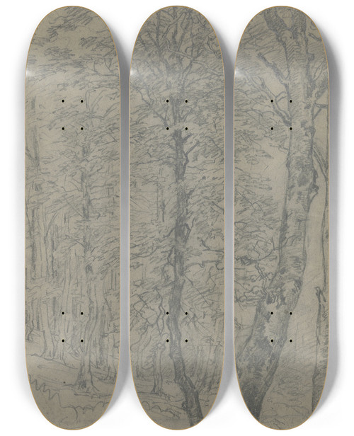 Triptych art skateboard deck of Jakob Maurer Group Of Trees 2 by Jakob Maurer (1826-1887)
