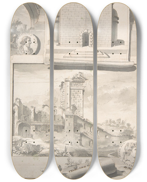 Triptych art skateboard deck of Jan Goeree A Reconstruction Of The Aurelian Temple Of The Sun Above And A View Of The Ruins Below by Jan Goeree (1670-1731)