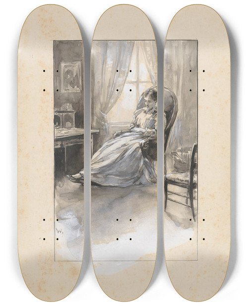 Triptych art skateboard deck of Willem Wenckebach Vrouw In Een Leunstoel by Willem Wenckebach (1860-1937)