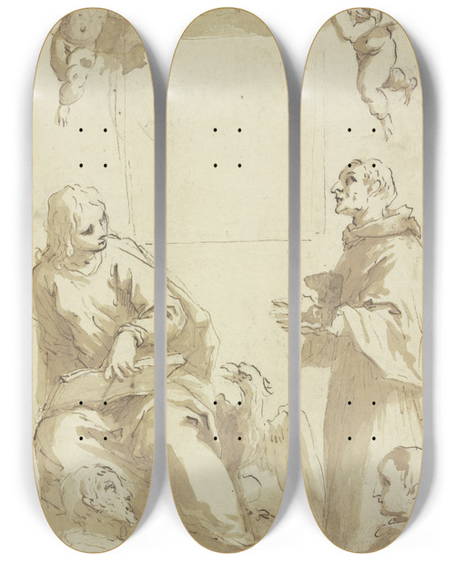 Triptych art skateboard deck of Jacopo Palma Il Giovane Gottvater Mit Taube Und Engeln Ber Leerem Quadratischem Feld Darunter Johannes Der Evangelist Und Ein Anderer Anbetender Heiliger Sowie Die Kpfe Von Zwei Stiftern by Jacopo Palma Il Giovane (1548-1628)