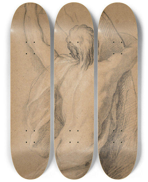 Triptych art skateboard deck of Louis De Boullogne A Nude Study Of Man Seen From The Back Clasping To A Tree by Louis Boulogne (1654-1733)