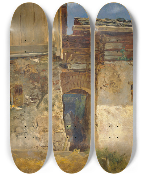 Triptych art skateboard deck of Anton Schrdl Gsschen In Hallstatt by Anton Schrodl (1820-1906)