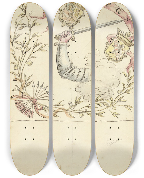 Triptych art skateboard deck of Elias Van Nijmegen Ontwerp Voor Een Banier Met De Wapens Van Prins Willem I En Schiedam by Elias Van Nijmegen (1667-1755)