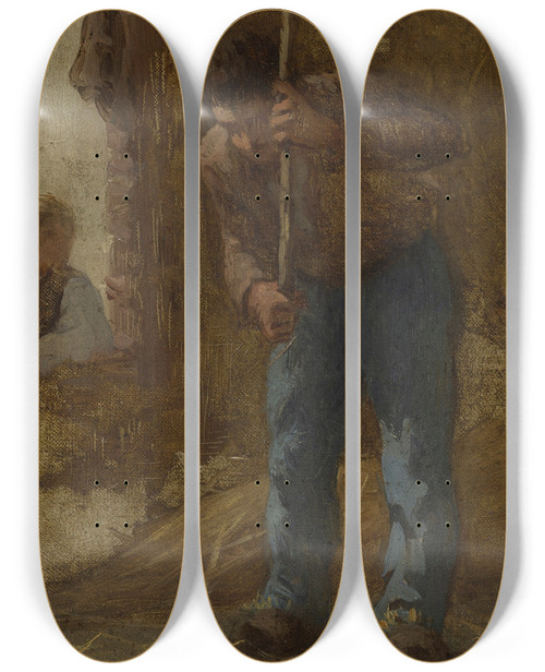 Triptych art skateboard deck of Paul Albert Baudouin Histoire Du Bl Le Battage by Paul Albert Baudouin (1844-1931)