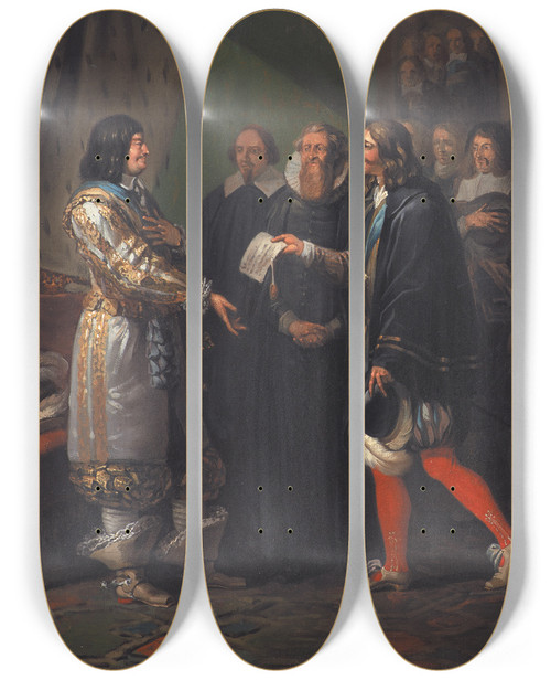 Triptych art skateboard deck of Nicolai Abildgaard Absolute Monarchy Assigned To Frederik Iii In 1660 by Nicolai Abildgaard (1743-1809)