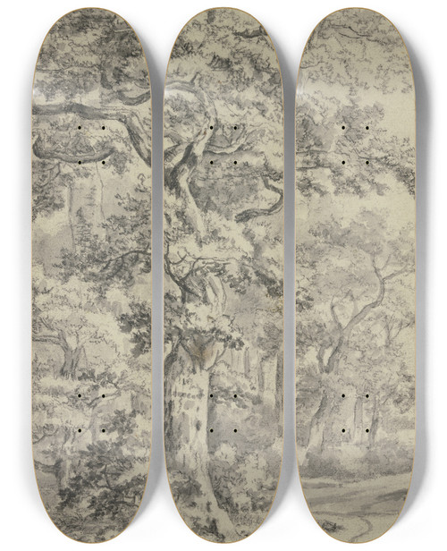 Triptych art skateboard deck of Jan Van Kessel The Elder Path Next To Oak Trees by Jan Van Kessel The Elder (1626-1679)