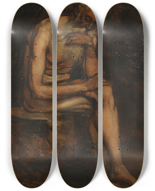 Triptych art skateboard deck of Hans Von Mares Studie Des Heiligen Hieronymus by Hans Von Marees (1837-1887)