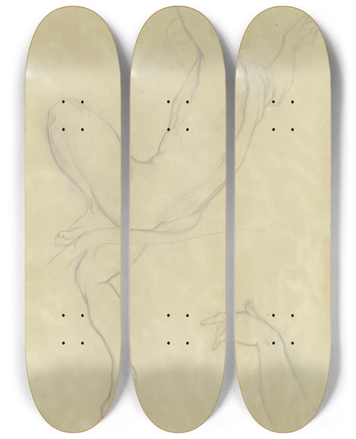 Triptych art skateboard deck of Victor Mller Rckansicht Eines Auf Einem Ast Sitzenden Mnnlichen Aktes by Victor Muller (1829-1871)