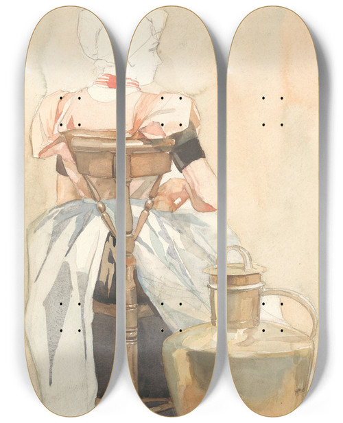 Triptych art skateboard deck of Johan Braakensiek Zittend Meisje In Klederdracht Op De Rug Gezien by Johan Braakensiek (1858-1940)