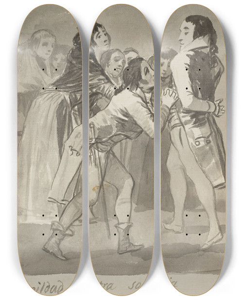 Triptych art skateboard deck of Francisco De Goya Humility Versus Pride A Young Man Imploring An Older Man With Other Figures In Front Of Them by Francisco de Goya (1746-1828)