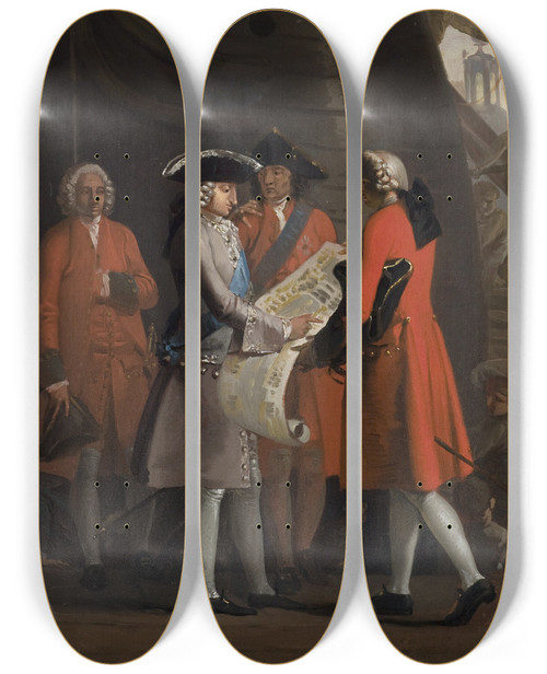Triptych art skateboard deck of Nicolai Abildgaard The Construction Of Copenhagens Dock In The Reign Of Christian Vi by Nicolai Abildgaard (1743-1809)