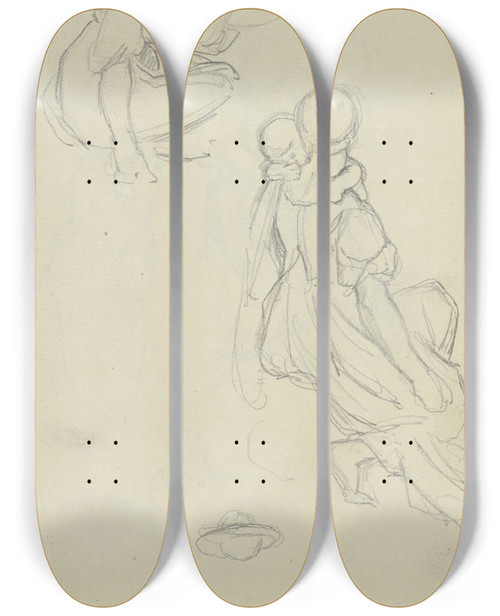 Triptych art skateboard deck of Jakob Becker Studienblatt Auf Dem Boden Kauernde Frau Und Rckenansicht Einer Sitzenden Frau Mit Kleinkind by Jakob Becker (1810-1872)