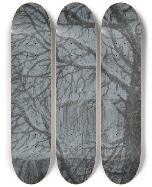 Triptych art skateboard deck of Antonie Waterloo Apse Of A Church Seen Through The Snowy Branches Of A Tree by Antonie Waterloo (1609-1690)