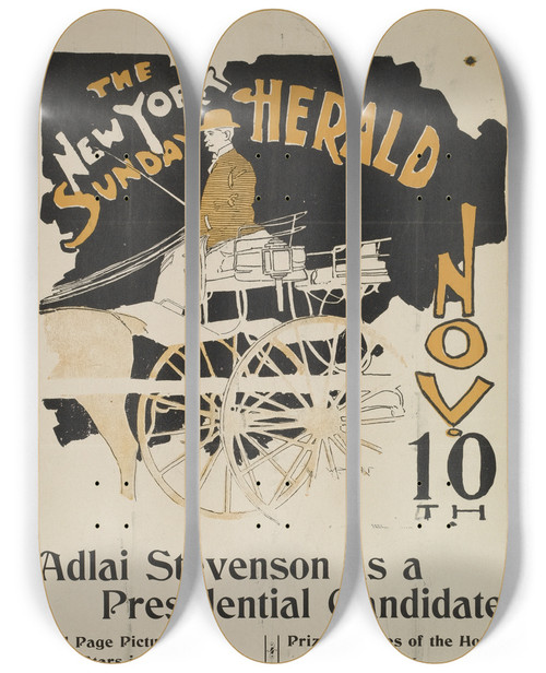 Triptych art skateboard deck of Charles Hubbard Woodbury The New York Sunday Herald Nov 10Th by Charles Hubbard Woodbury (1870-1939)