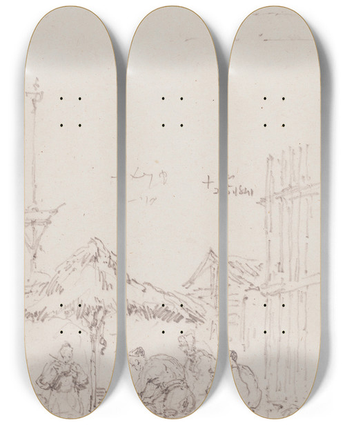 Triptych art skateboard deck of George Chinnery A Sketch Of A Market Outside The Railings Of St Dominics Church Macau by George Chinnery (1774-1852)