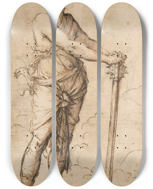 Triptych art skateboard deck of Salvator Rosa Turbaned Warrior Holding A Mace by Salvator Rosa (1615-1673)