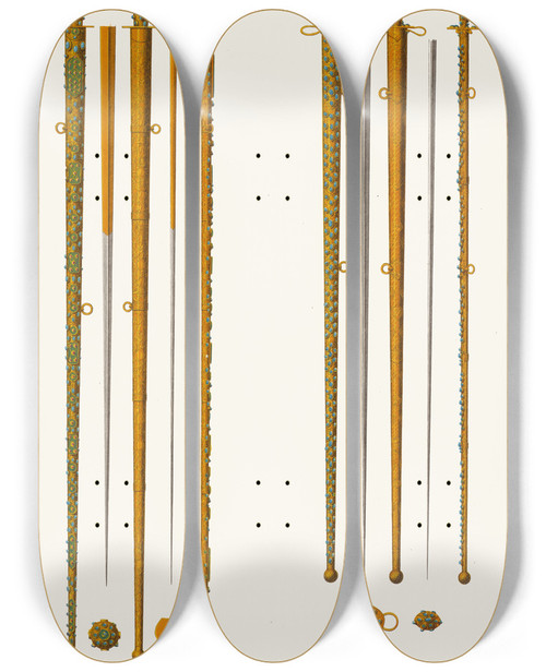 Triptych art skateboard deck of Fedor Grigoryevich Solntsev Konchar Podnesennyi Tsariu Alekseiu Mikhailovichu Grekom Dmitriem V 1657 G I Starinnyi Konchar by Fedor Grigoryevich Solntsev (1801-1892)