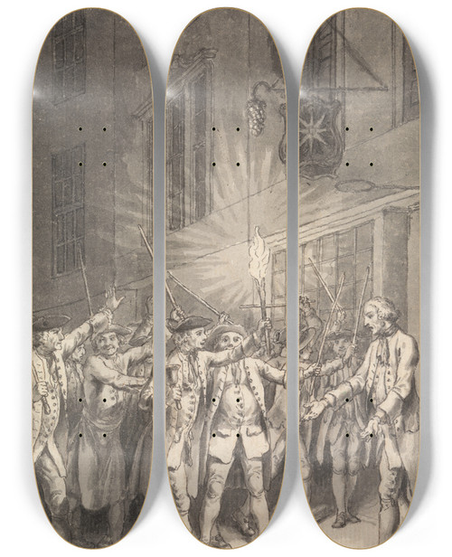 Triptych art skateboard deck of Samuel Wale The Mob Assembled To Pull Down The Bawdy House Kept By Peter Wood In The Strand by Samuel Wale (1721-1786)