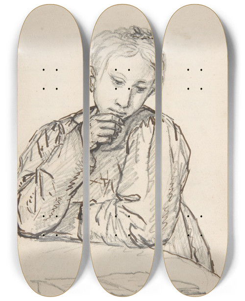 Triptych art skateboard deck of Johan Christian Dahl Portrait Of Eline Marie Heger As A Child Leaning On A Table Looking At A Book by Johan Christian Dahl (1788-1857)