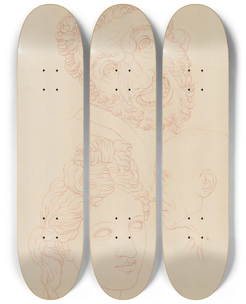 Triptych art skateboard deck of Giles Hussey Three Studies Of Heads From Classical Figures by Giles Hussey (1710-1788)