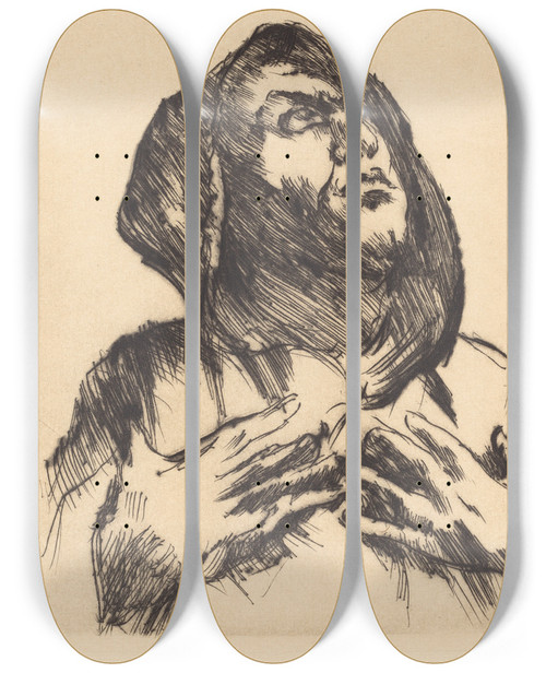 Triptych art skateboard deck of Lovis Corinth Monk Gazing Upward Mnch Mit Erhobenem Blick by Lovis Corinth (1858-1925)