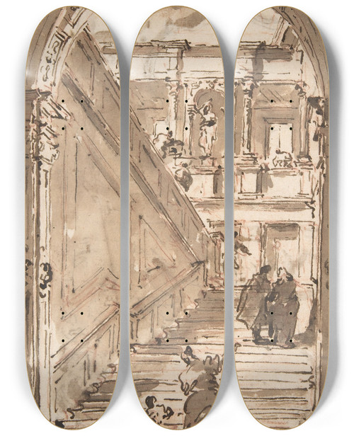 Triptych art skateboard deck of Francesco Guardi Architectural Fantasy Figures On A Grand Staircase_2 by Francesco Guardi (1712-1793)